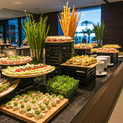 Lavish buffet display with diverse gourmet food platters in a high-end modern villa