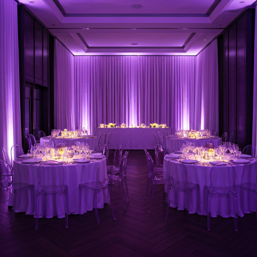Elegant corporate event setup in a minimalist luxury venue with purple mood lighting