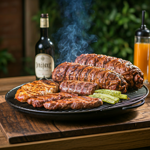 Upscale braai (barbecue) setup with premium meats and sophisticated side dishes outdoors