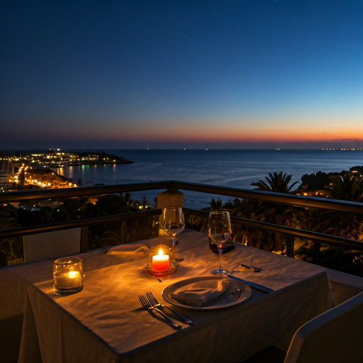 Intimate candlelit dinner set for two on a balcony overlooking the ocean at night