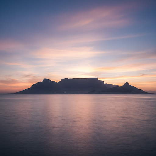 High-quality Table Bay sunset with Lavender and Twilight Blue sky and authentic ocean foreground
